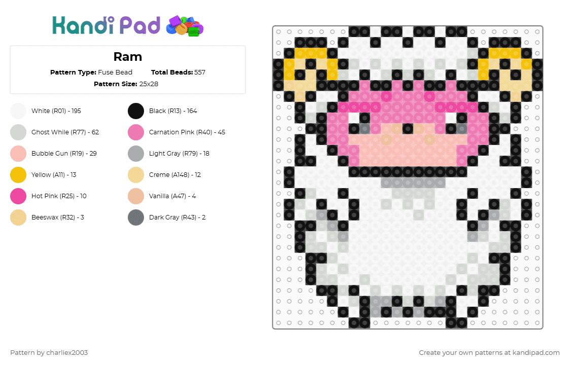 Ram - Fuse Bead Pattern by charliex2003 on Kandi Pad - white,beige,pink