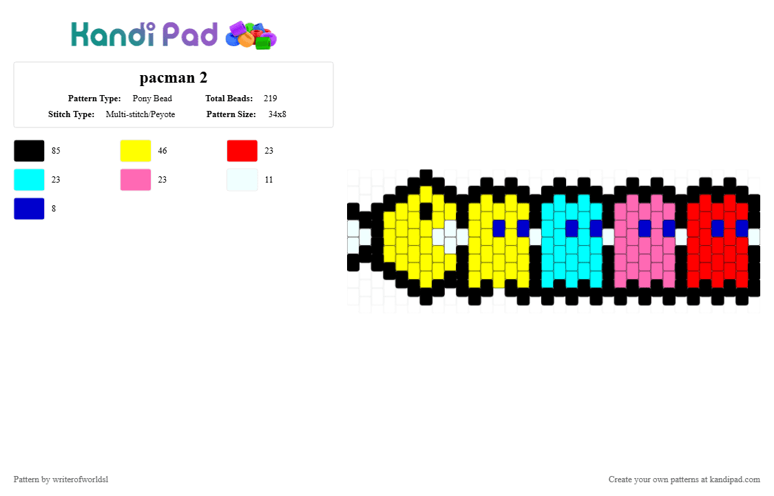pacman 2 - Pony Bead Pattern by writerofworldsl on Kandi Pad - light blue, pink, red, yellow