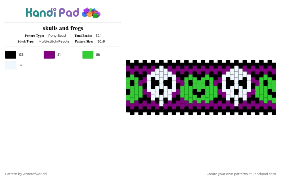 skulls and frogs - Pony Bead Pattern by writerofworldsl on Kandi Pad - green,pink