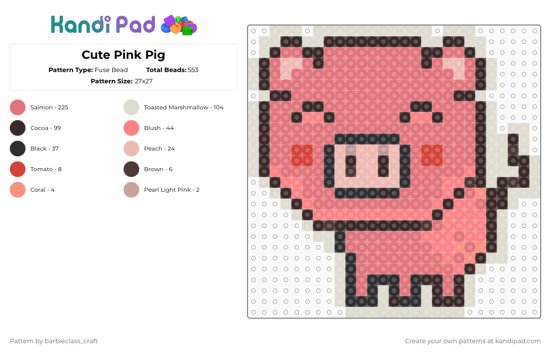 Cute Pink Pig - Fuse Bead Pattern by barbieclass_craft on Kandi Pad - beige,red,pig,pink pig,cute pig