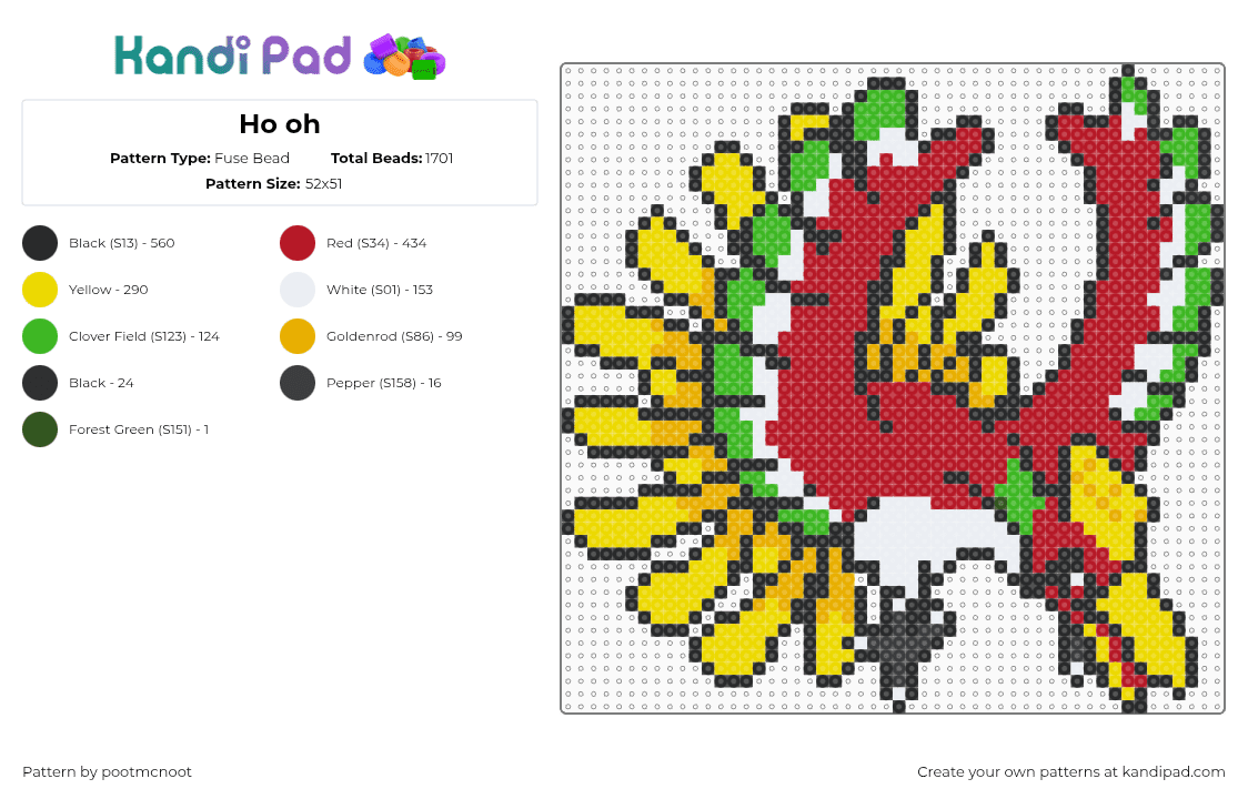 Ho oh - Fuse Bead Pattern by pootmcnoot on Kandi Pad - red,yellow,pokemon,ho oh,legendary,legendary pokemon