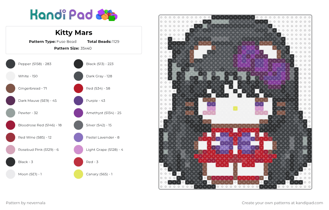 Kitty Mars - Fuse Bead Pattern by nevernala on Kandi Pad - black,tan,red,colorful