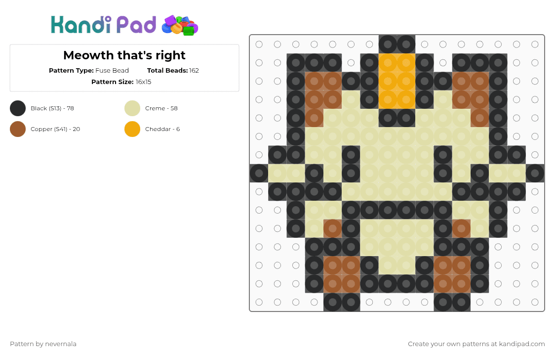 Meowth that\'s right - Fuse Bead Pattern by nevernala on Kandi Pad - yellow