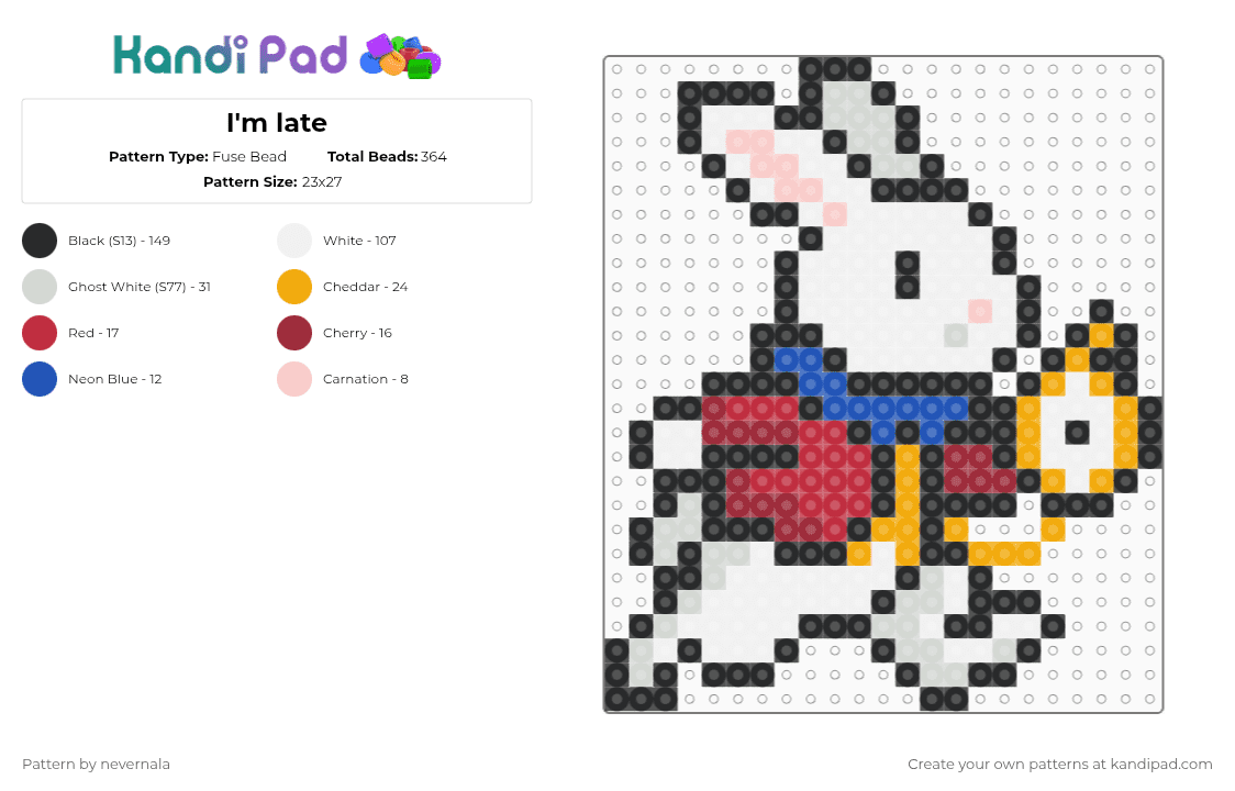 I\'m late - Fuse Bead Pattern by nevernala on Kandi Pad - white rabbit,alice in wonderland,white,orange,red