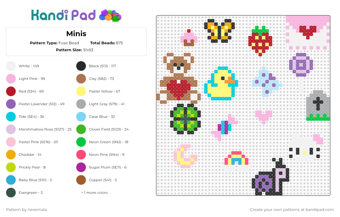 Minis - Fuse Bead Pattern by nevernala on Kandi Pad - light blue,pink,red,tan