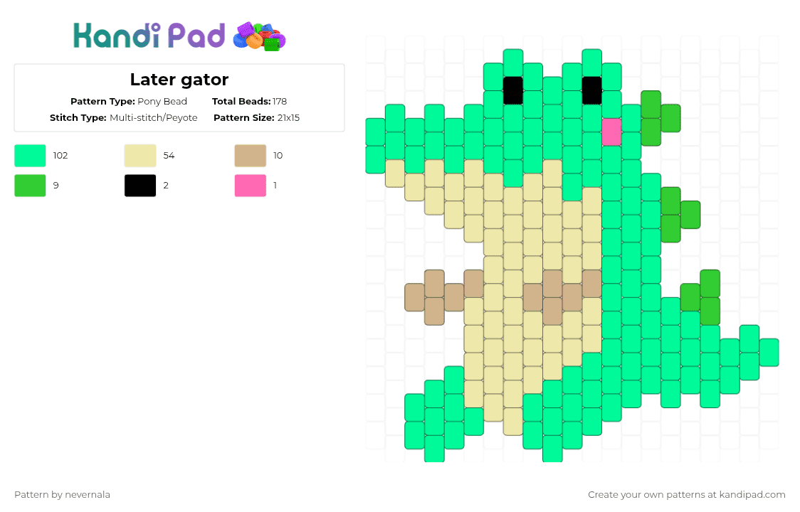 Later gator - Pony Bead Pattern by nevernala on Kandi Pad - teal,yellow