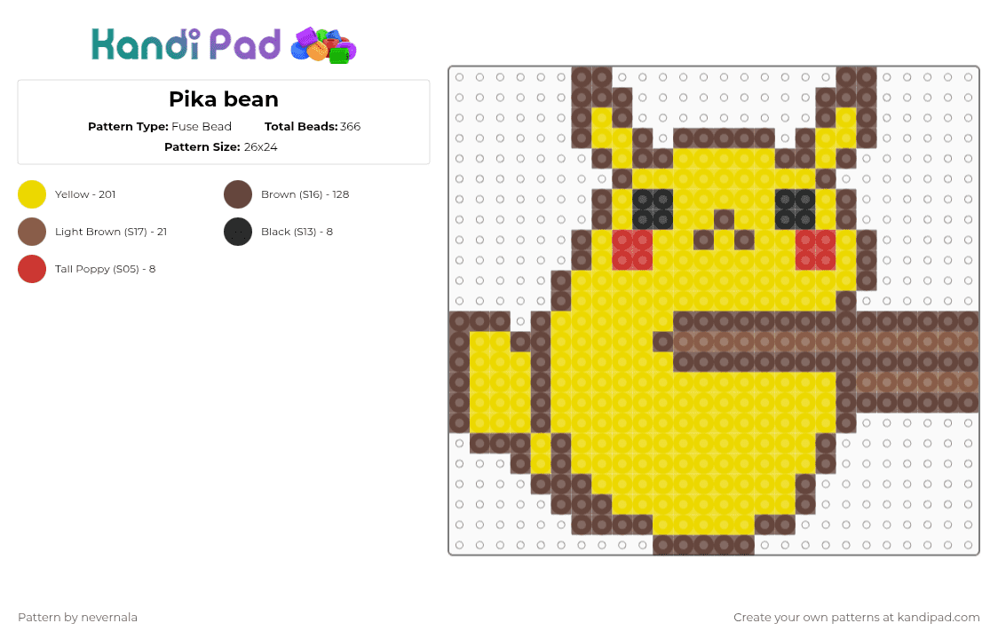 Pika bean - Fuse Bead Pattern by nevernala on Kandi Pad - pikachu,pokemon,chopsticks,cute,gaming,video game,brown,yellow
