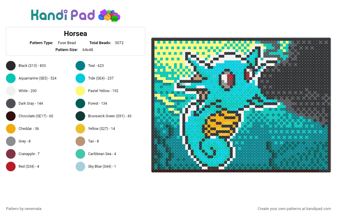 Horsea - Fuse Bead Pattern by nevernala on Kandi Pad - teal,gray,light blue
