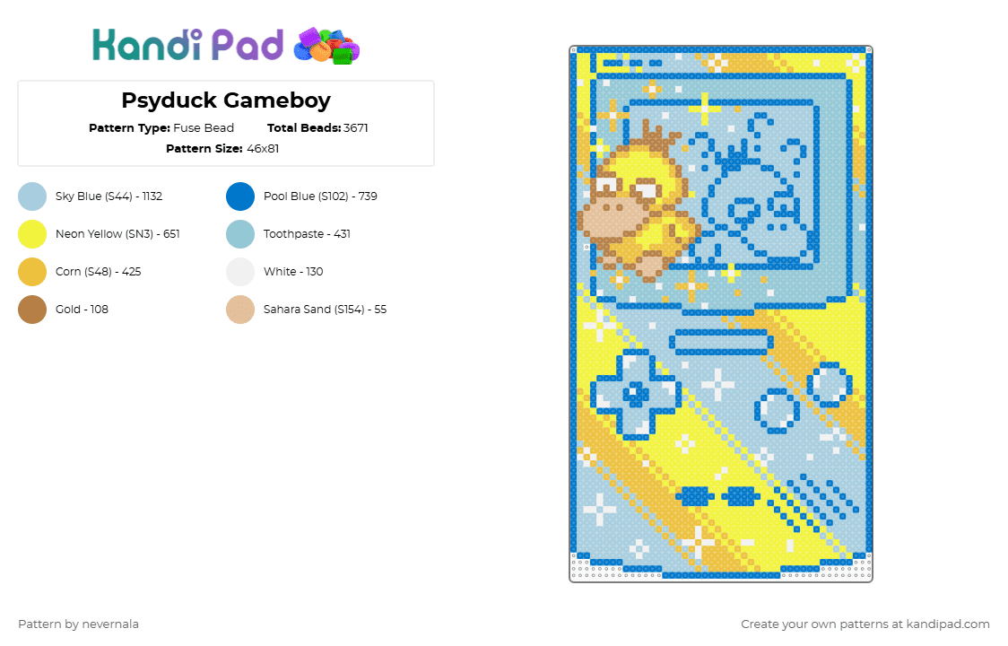 Psyduck Gameboy - Fuse Bead Pattern by nevernala on Kandi Pad - psyduck,pokemon,nintendo,gameboy,video game,anime,creature,sparkly,gaming,blue,yellow,light blue