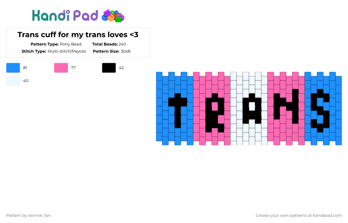 Trans cuff for my trans loves - Pony Bead Pattern by deleted_user_608894 on Kandi Pad - light blue,pink