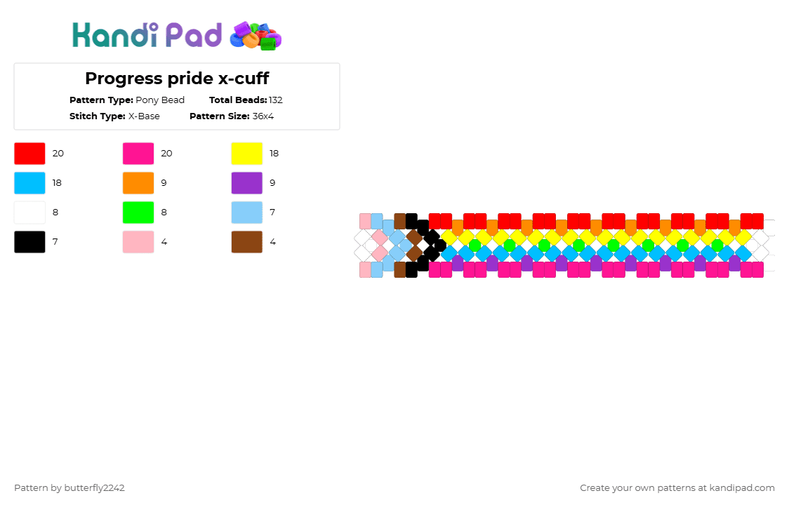Progress pride x-cuff - Pony Bead Pattern by butterfly2242 on Kandi Pad - pink,light blue,red,yellow