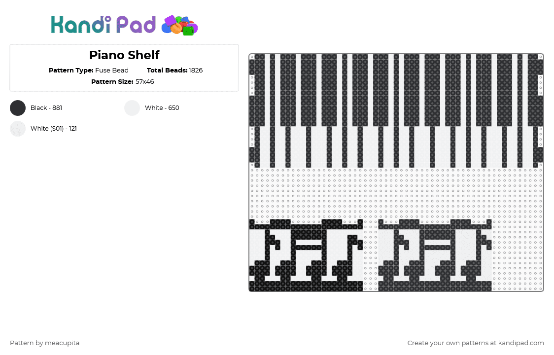 Piano Shelf - Fuse Bead Pattern by meacupita on Kandi Pad - black, white