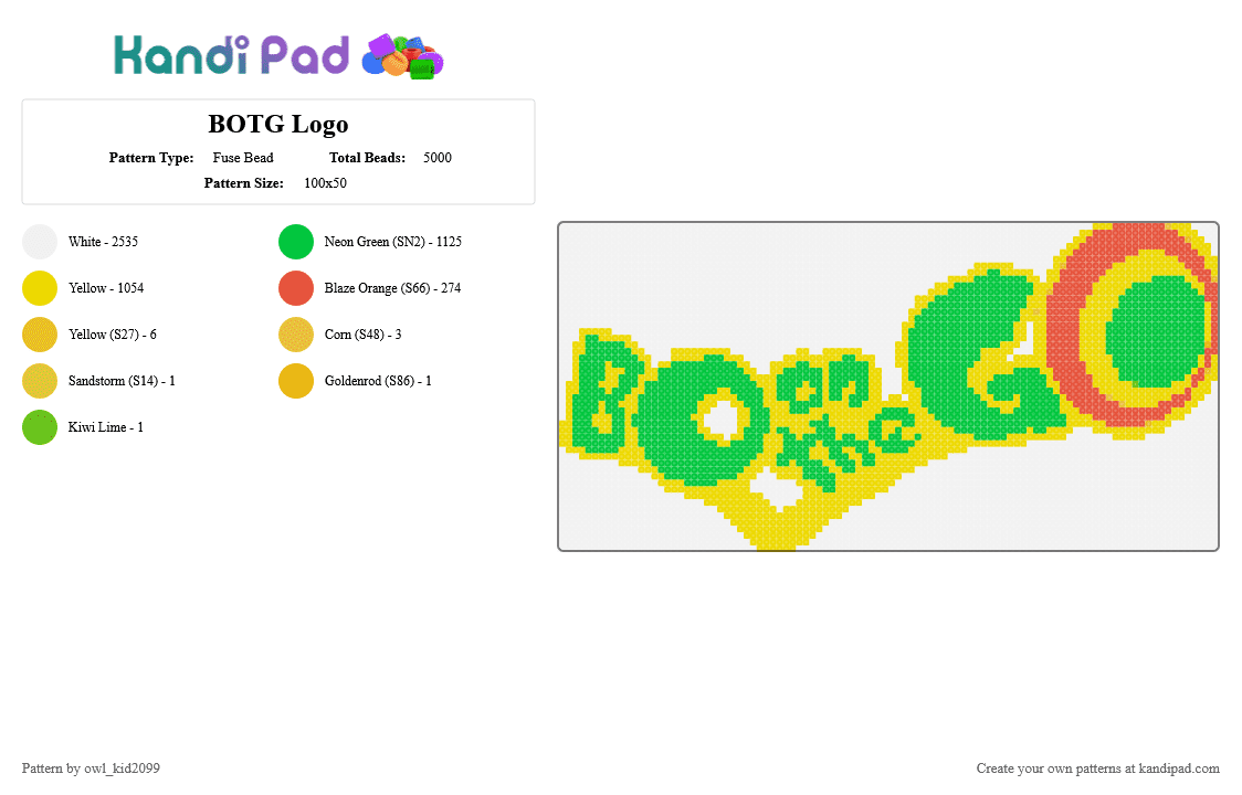 BOTG Logo - Fuse Bead Pattern by owl_kid2099 on Kandi Pad - white,yellow,green