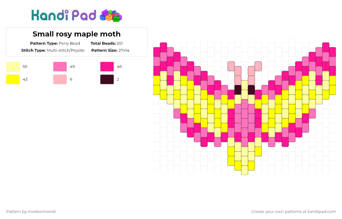 Small rosy maple moth - Pony Bead Pattern by moxkormendi on Kandi Pad - pink,yellow