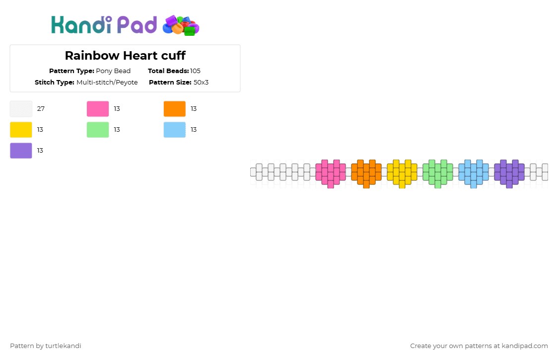 Rainbow Heart cuff - Pony Bead Pattern by moldy_spamton on Kandi Pad - orange,teal,purple,colorful,rainbow,heart,pastel,cuff