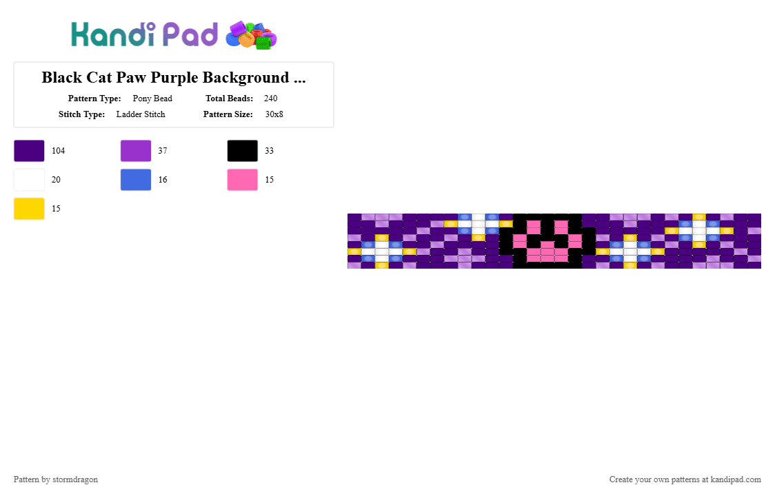 Black Cat Paw Purple Background Ladder Stitch - Pony Bead Pattern by stormdragon on Kandi Pad - purple,cat,paw,ladder stitch,sparkles