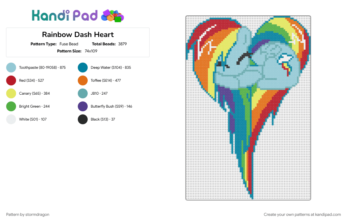 Rainbow Dash Heart - Fuse Bead Pattern by stormdragon on Kandi Pad - heart, light blue, mlp, my little pony, pegasus, rainbow, rainbow dash, red, teal, tv show