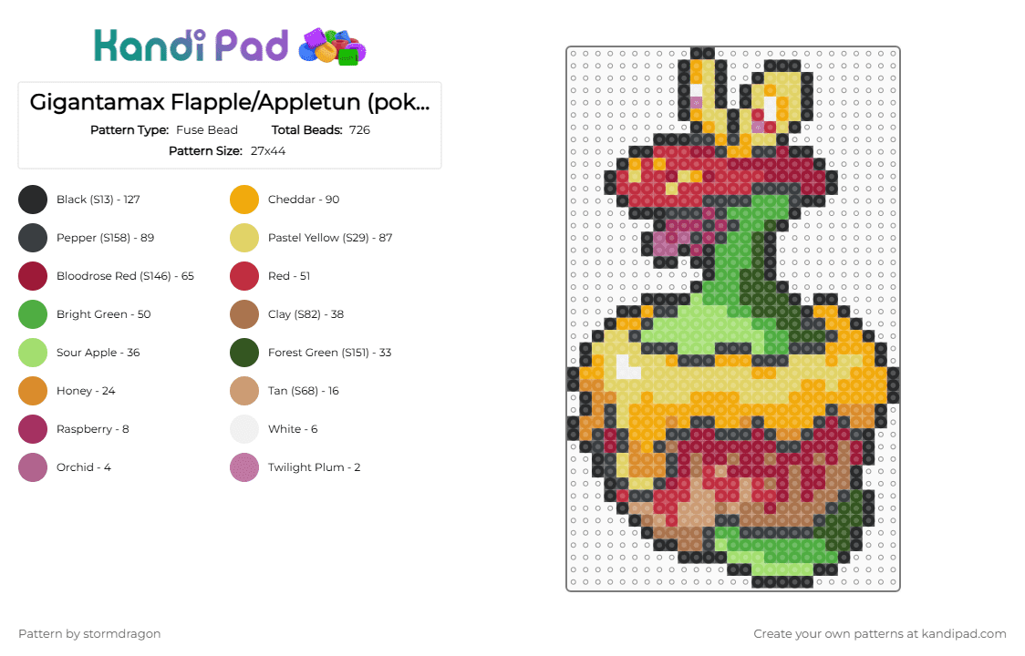 Gigantamax Flapple/Appletun (pokemon #0841/0842) - Fuse Bead Pattern by stormdragon on Kandi Pad - green,red,yellow,orange,video games,pokemon,gigantamax,flapple,appletun