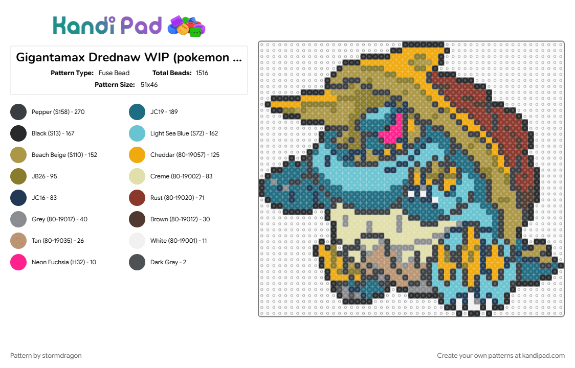 Gigantamax Drednaw (pokemon #0834) - Fuse Bead Pattern by stormdragon on Kandi Pad - blue, drednaw, gigantamax, gold, light blue, orange, pokemon, video games, yellow