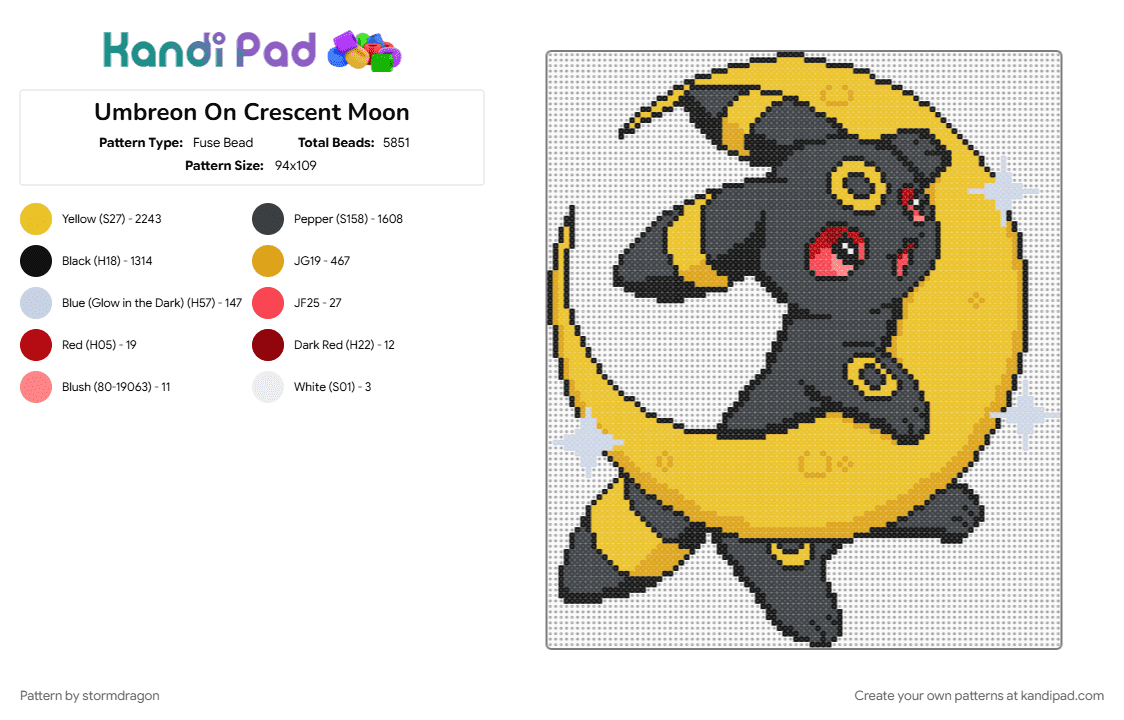 Umbreon On Crescent Moon - Fuse Bead Pattern by stormdragon on Kandi Pad - black, character, grey, moon, pokemon, umbreon, video games, yellow