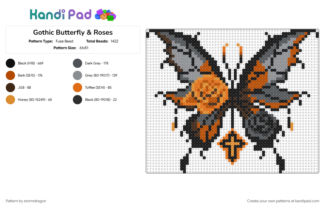 Gothic Butterfly & Roses - Fuse Bead Pattern by stormdragon on Kandi Pad - black, butterfly, flower, goth, gothic, gray, grey, red, rose, yellow