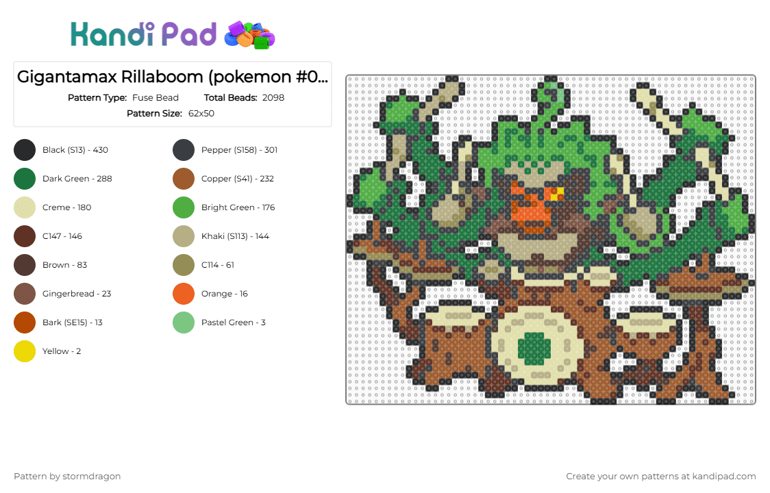 Gigantamax Rillaboom (pokemon #0812) - Fuse Bead Pattern by stormdragon on Kandi Pad - brown, colorful, gigantamax, green, pokemon, rillaboom, video games, yellow