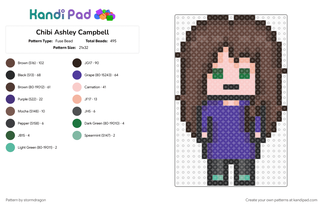 Chibi Ashley Campbell - Fuse Bead Pattern by stormdragon on Kandi Pad - ashley campbell, beige, brown, chibi, purple, sally face, video games
