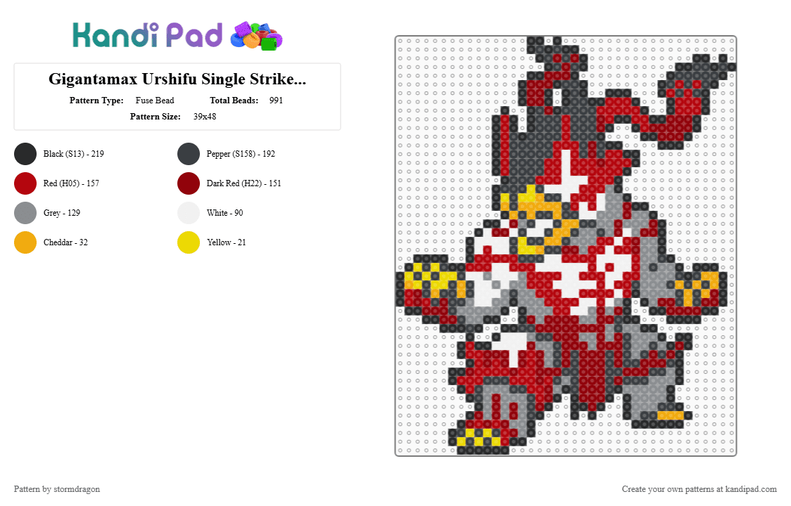 Gigantamax Urshifu Single Strike (pokemon #0892) - Fuse Bead Pattern by stormdragon on Kandi Pad - red,gray,video games,pokemon,gigantamax,urshifu,white,grey