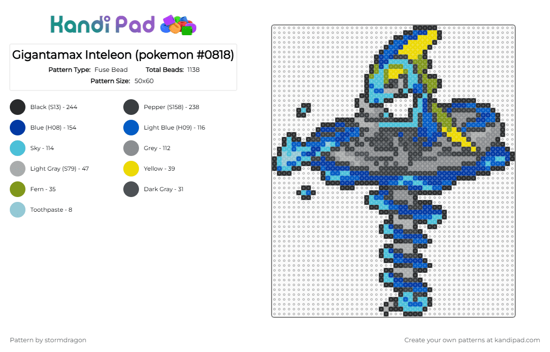 Gigantamax Inteleon (pokemon #0818) - Fuse Bead Pattern by stormdragon on Kandi Pad - gray,light blue,blue,video games,pokemon,inteleon,gigantamax,yellow,grey