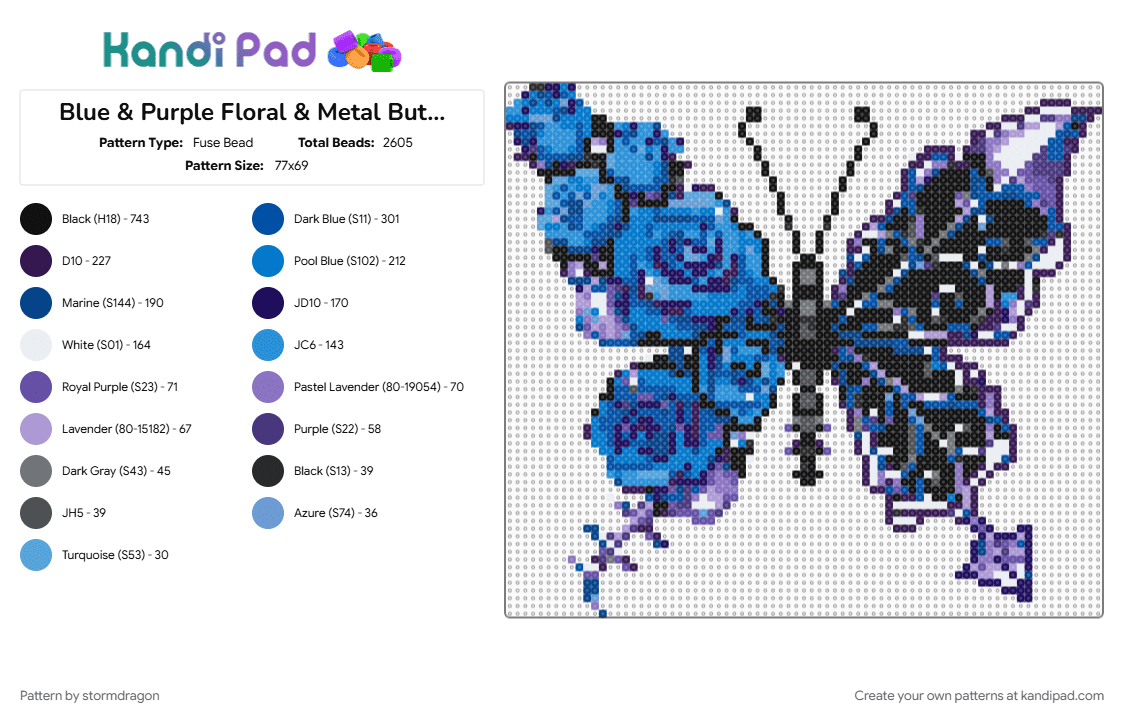 Blue & Purple Floral & Metal Butterfly - Fuse Bead Pattern by stormdragon on Kandi Pad - animal, black, blue, butterfly, flowers, grey, insect, purple