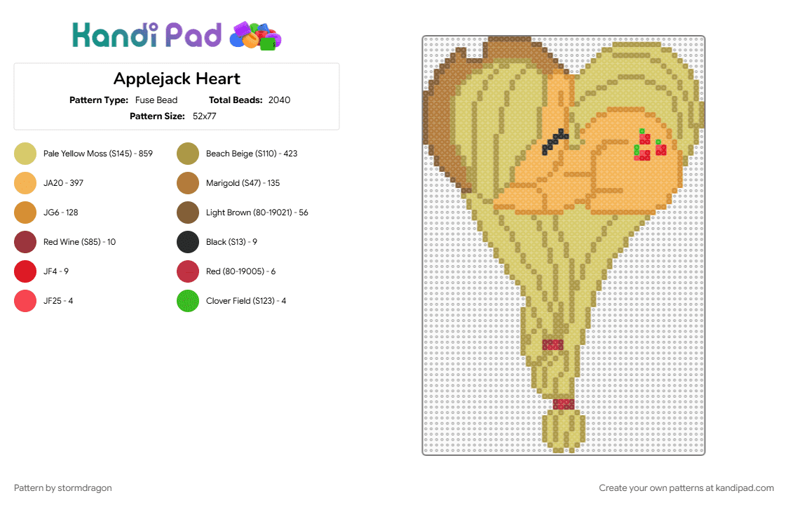 Applejack Heart - Fuse Bead Pattern by stormdragon on Kandi Pad - applejack, gold, heart, mlp, my little pony, orange, tv show, yellow