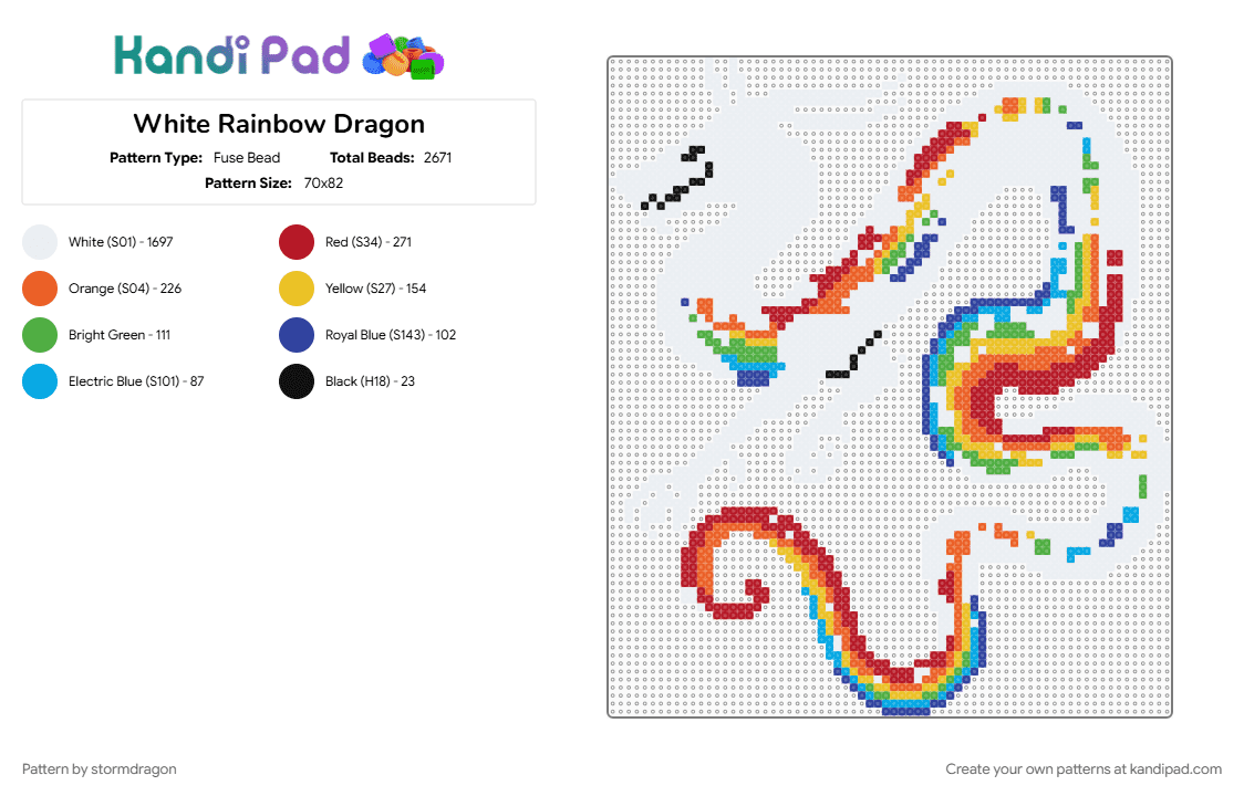 White Rainbow Dragon - Fuse Bead Pattern by stormdragon on Kandi Pad - colorful, dragon, orange, rainbow, red, white, yellow