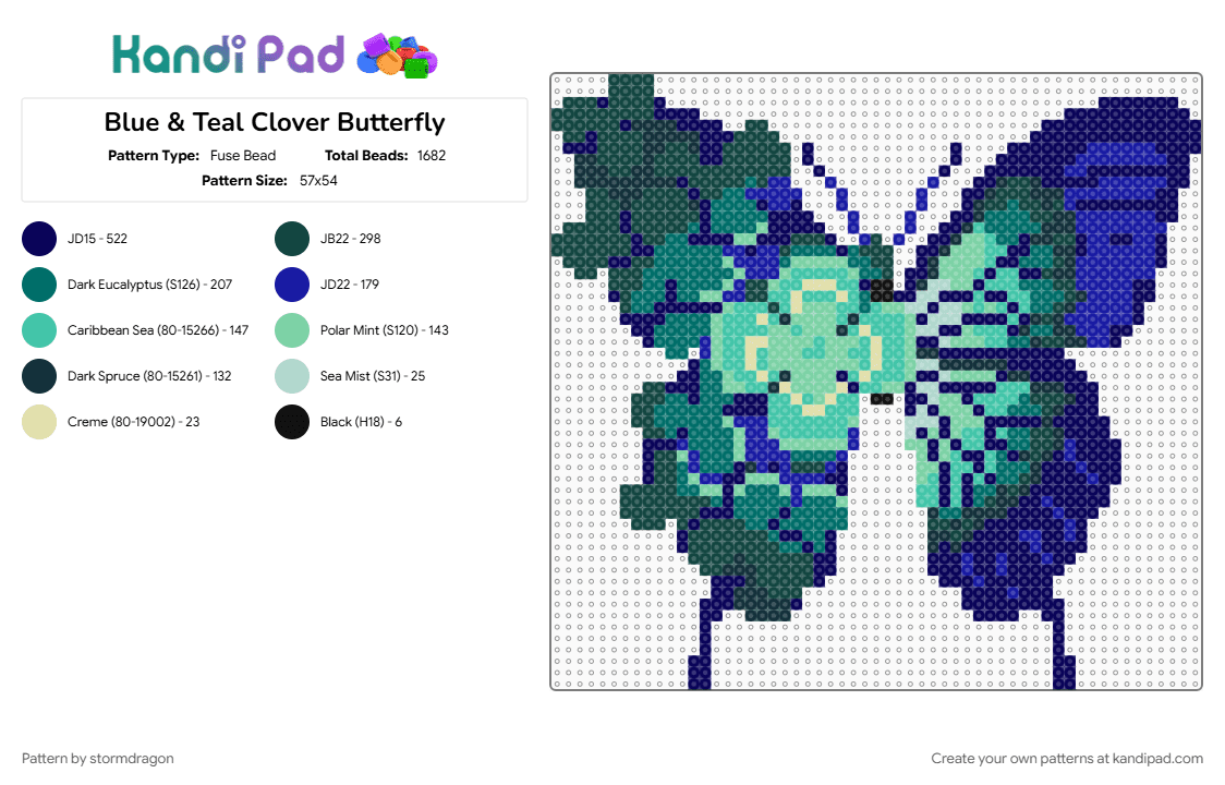 Blue & Teal Clover Butterfly - Fuse Bead Pattern by stormdragon on Kandi Pad - animal, blue, butterfly, clover, colorful, purple, teal