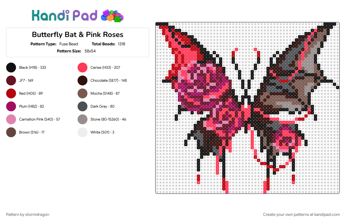 Butterfly Bat & Pink Roses - Fuse Bead Pattern by stormdragon on Kandi Pad - animal, bat, black, brown, butterfly, grey, pink, red, rose