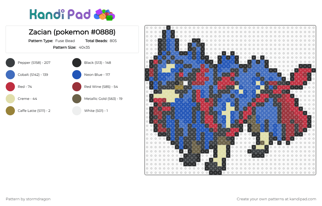 Zacian (pokemon #0888) - Fuse Bead Pattern by stormdragon on Kandi Pad - black,red,blue,fuse bead,perler bead,pokemon,video games,zacian