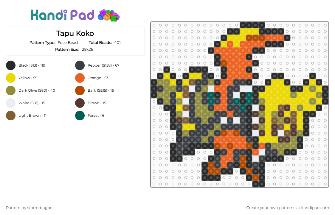 Tapu Koko (pokemon #0785) - Fuse Bead Pattern by stormdragon on Kandi Pad - black,orange,yellow,gold,fuse bead,perler bead,video games,pokemon,tapu koko