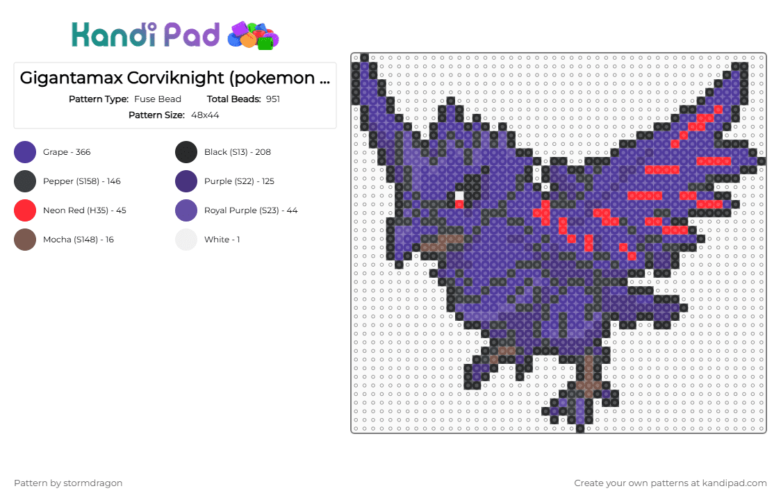 Gigantamax Corviknight (pokemon #0823) - Fuse Bead Pattern by stormdragon on Kandi Pad - corviknight, gigantamax, pokemon, purple, video games