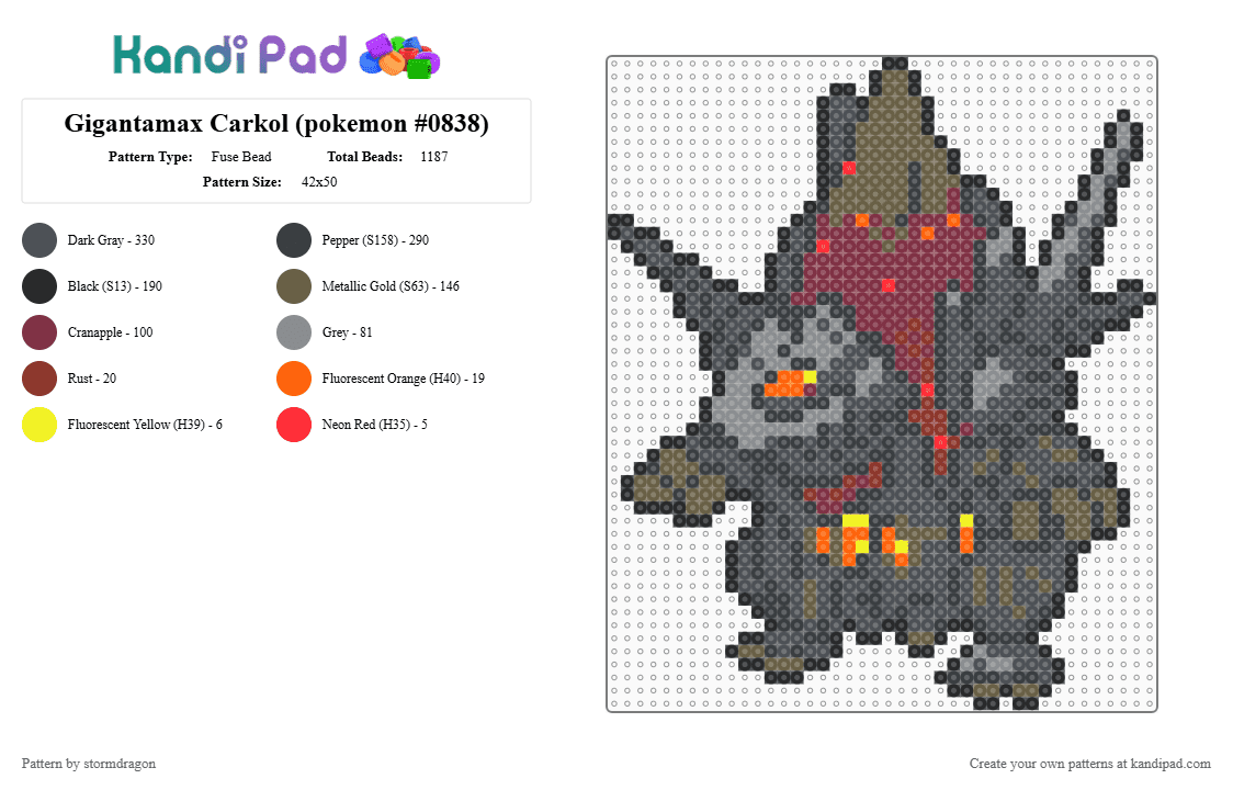 Gigantamax Coalossal(pokemon #0838) - Fuse Bead Pattern by stormdragon on Kandi Pad - coalossal, gigantamax, gray, grey, pokemon, red, tan, video games