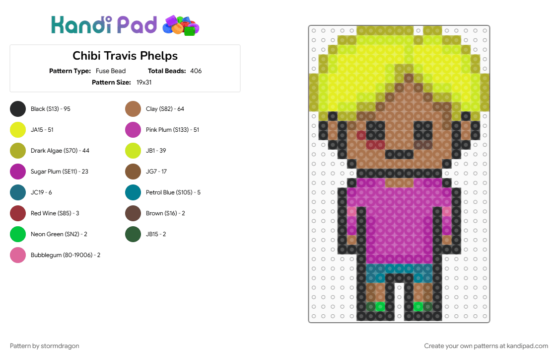 Chibi Travis Phelps - Fuse Bead Pattern by stormdragon on Kandi Pad - chibi, green, pink, sally face, tan, travis phelps, video games, yellow