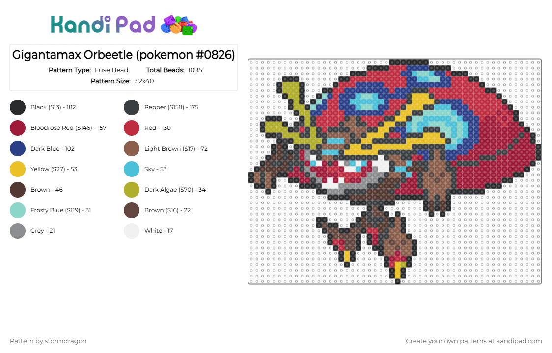 Gigantamax Orbeetle (pokemon #0826) - Fuse Bead Pattern by stormdragon on Kandi Pad - blue, brown, gigantamax, light blue, orbeetle, pokemon, red, video games, yellow