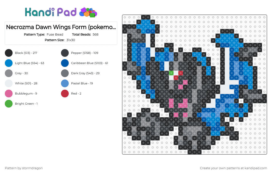 Necrozma Dawn Wings Form (pokemon #800) - Fuse Bead Pattern by stormdragon on Kandi Pad - black,gray,blue,fuse bead,perler bead,pokemon,video games,necrozma