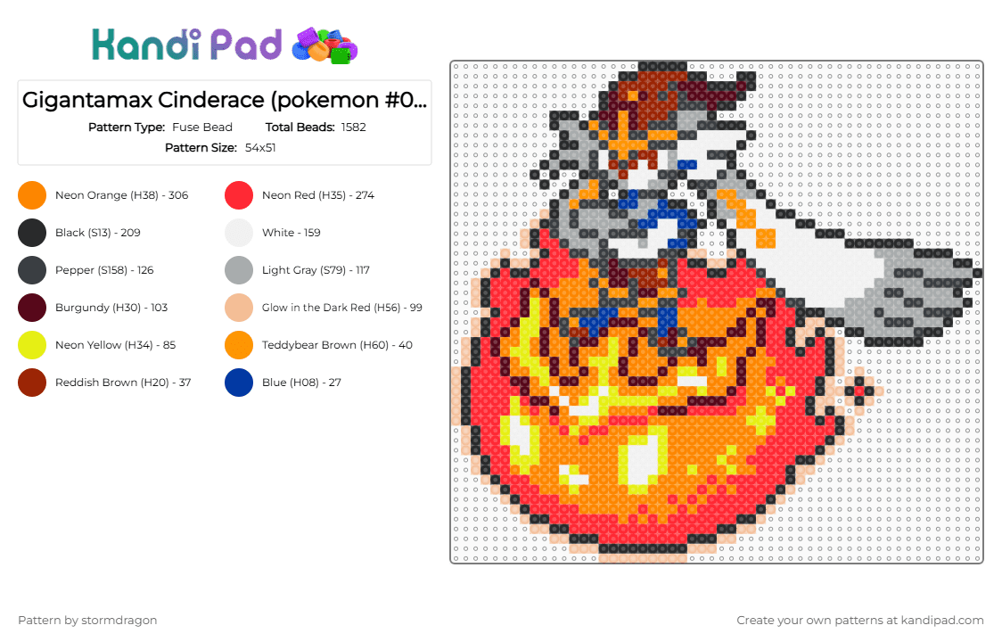 Gigantamax Cinderace (pokemon #0815) - Fuse Bead Pattern by stormdragon on Kandi Pad - cinderace, gigantamax, neon, orange, pokemon, red, video games, yellow