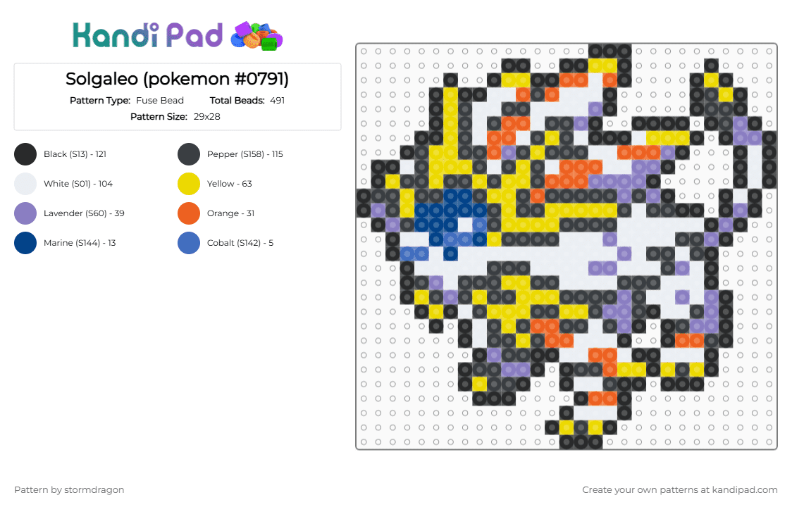 Solgaleo (pokemon #0791) - Fuse Bead Pattern by stormdragon on Kandi Pad - black,pink,yellow,fuse bead,perler bead,video games,pokemon,solgaleo,white,orange