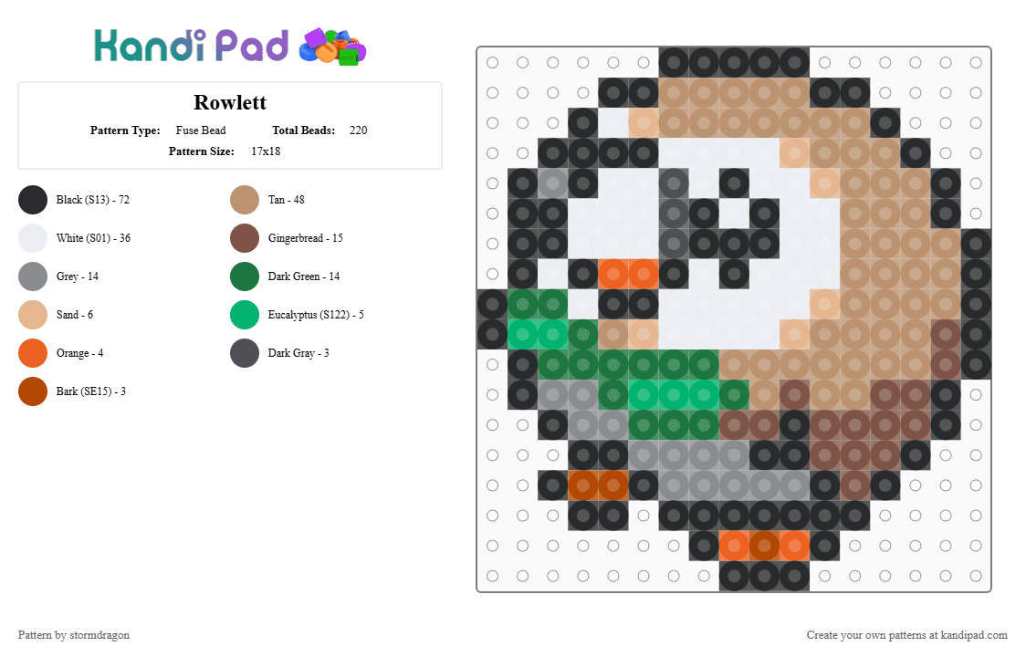 Rowlet (pokemon #0722) - Fuse Bead Pattern by stormdragon on Kandi Pad - gray,green,beige,fuse bead,pokemon,perler beads,video games,rowlet