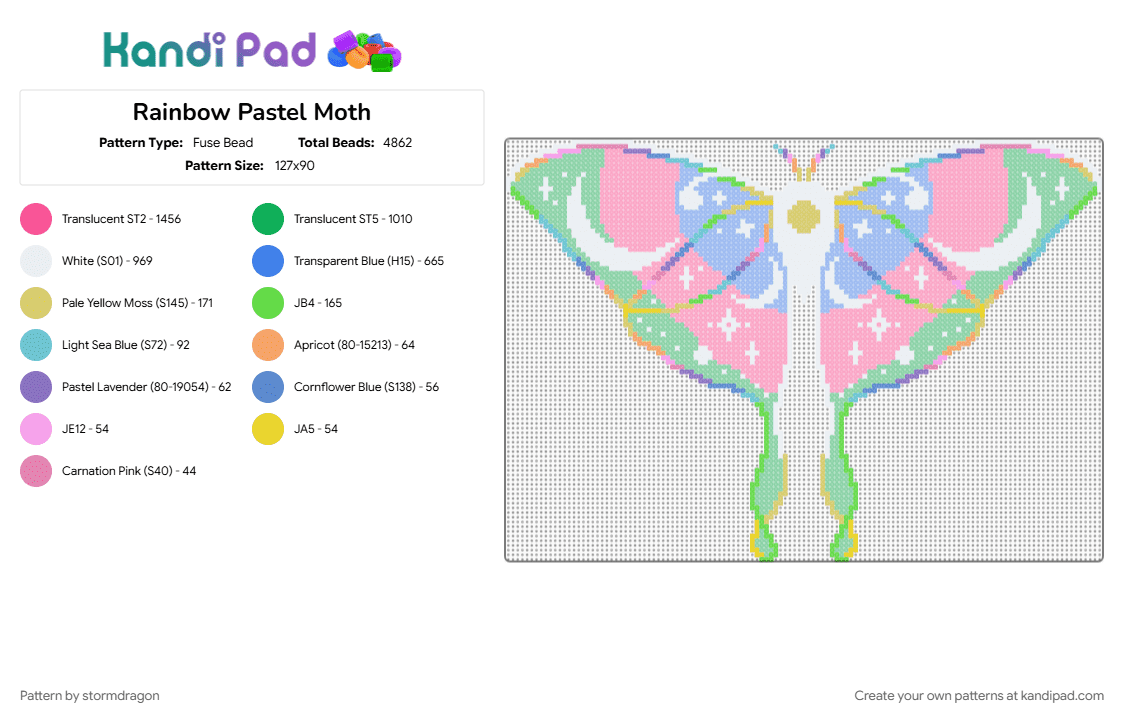 Rainbow Pastel/Day Moth - Fuse Bead Pattern by stormdragon on Kandi Pad - animal, blue, colorful, green, insect, moth, pastel, pink, rainbow, translucent, white