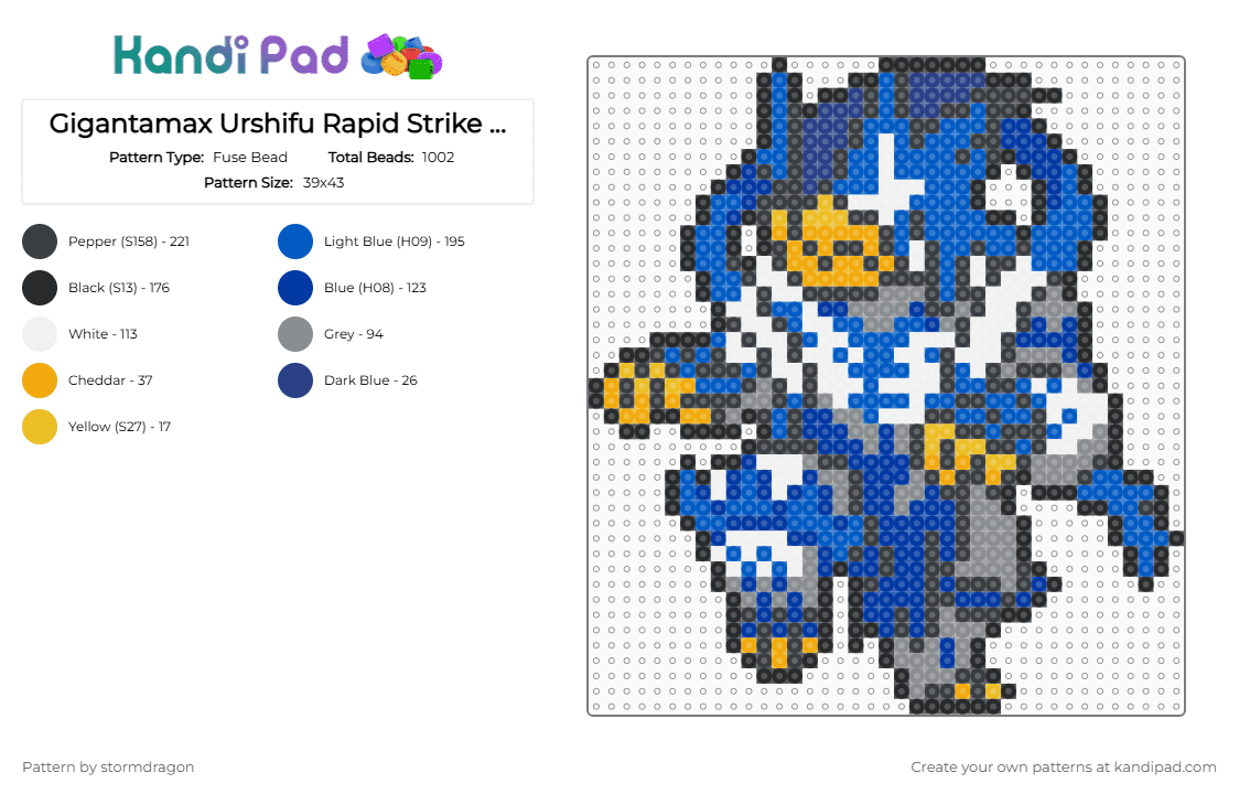 Gigantamax Urshifu Rapid Strike (pokemon #0892) - Fuse Bead Pattern by stormdragon on Kandi Pad - blue, gigantamax, grey, pokemon, urshifu, video games, white