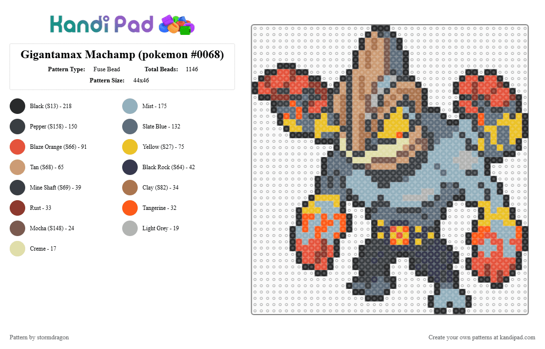 Gigantamax Machamp (pokemon #0068) - Fuse Bead Pattern by stormdragon on Kandi Pad - light blue,gray,red,colorful,video games,pokemon,gigantamax,machamp,grey