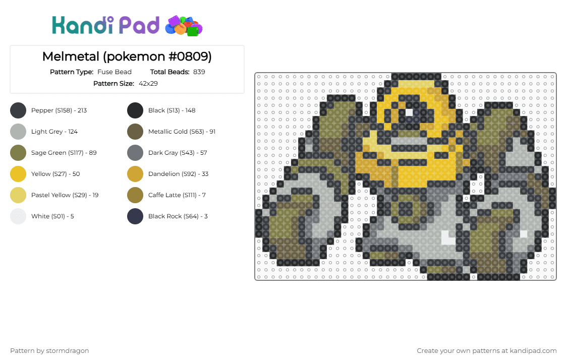Melmetal (pokemon #0809) - Fuse Bead Pattern by stormdragon on Kandi Pad - black,beige,gold,yellow,colorful,fuse bead,perler bead,pokemon,video games,melmetal,grey