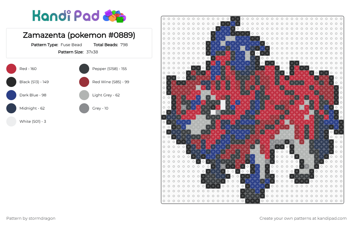 Zamazenta (pokemon #0889) - Fuse Bead Pattern by stormdragon on Kandi Pad - red,blue,pokemon,zamazenta,video games
