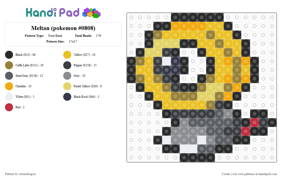 Meltan (pokemon #0808) - Fuse Bead Pattern by stormdragon on Kandi Pad - black,gray,yellow,gold,fuse bead,perler bead,pokemon,video games,meltan,grey